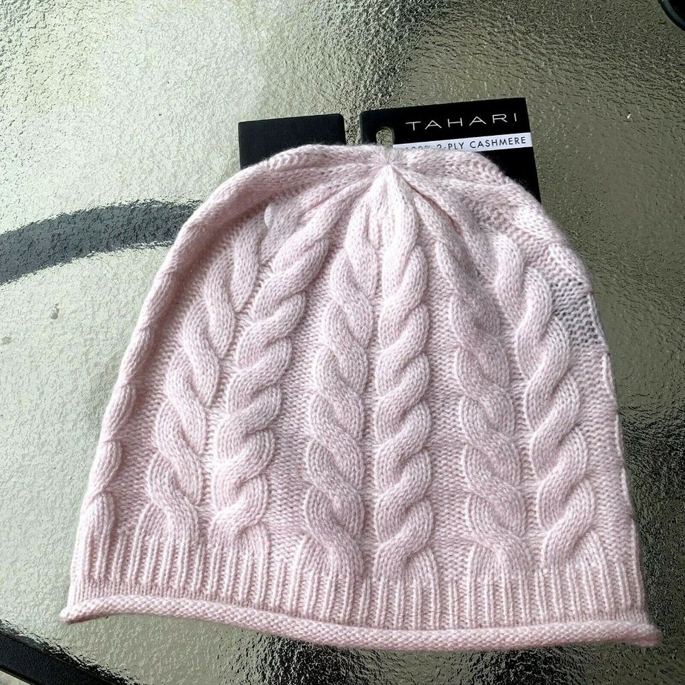 NWT TAHARI 100% cashmere light pink Beanie hat one size